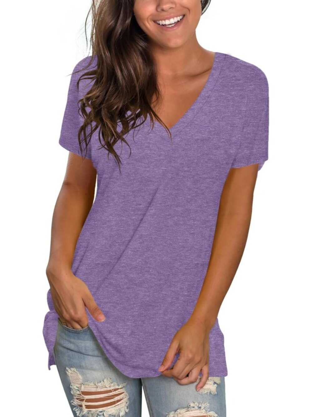 〽️Women Light Purple V Neck Tee Loose Fitting Casual Short Sleeve Tops T Shirt